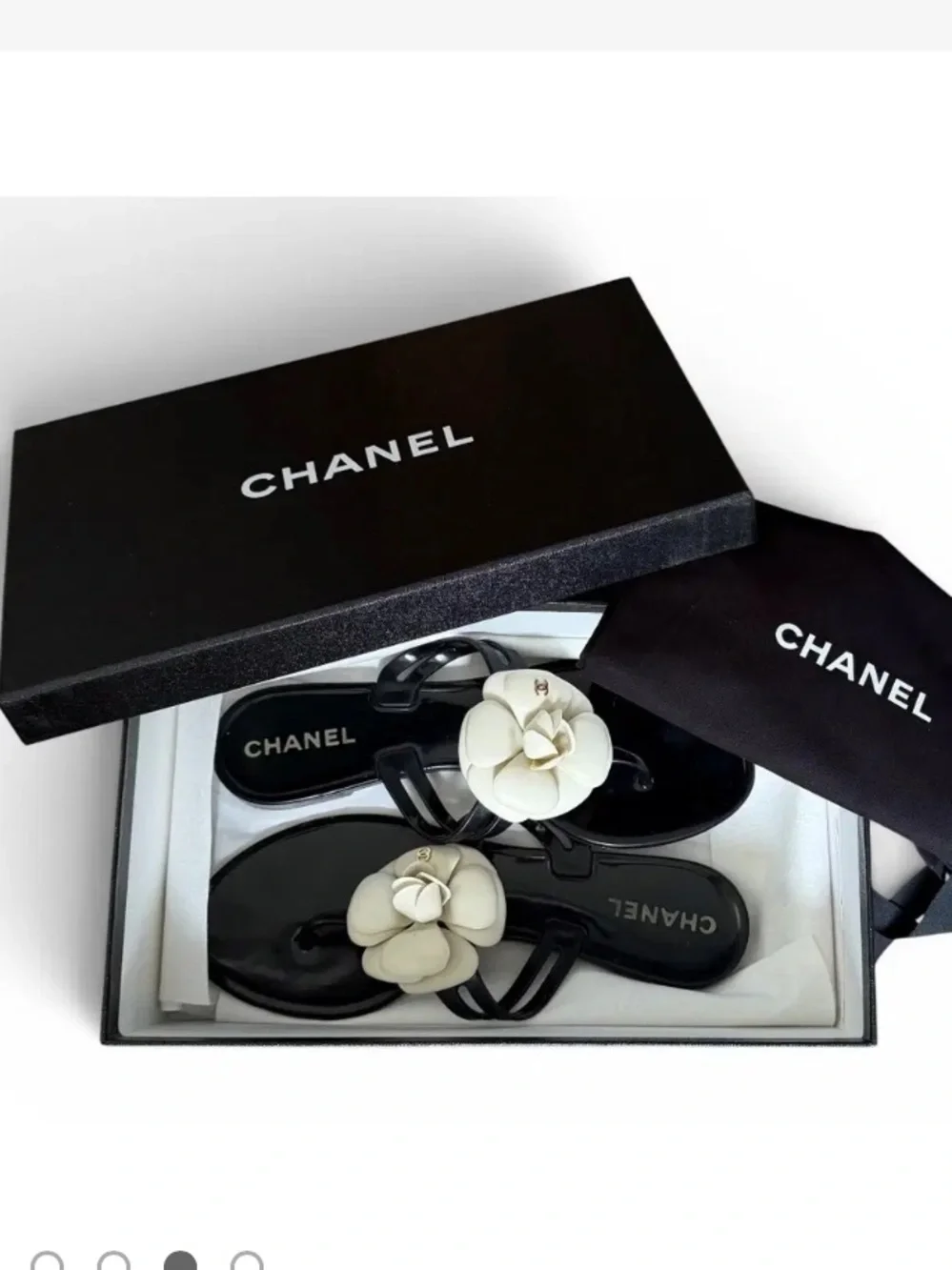 CHANEL Black Sandals with Cream Camellia Floral Accent
